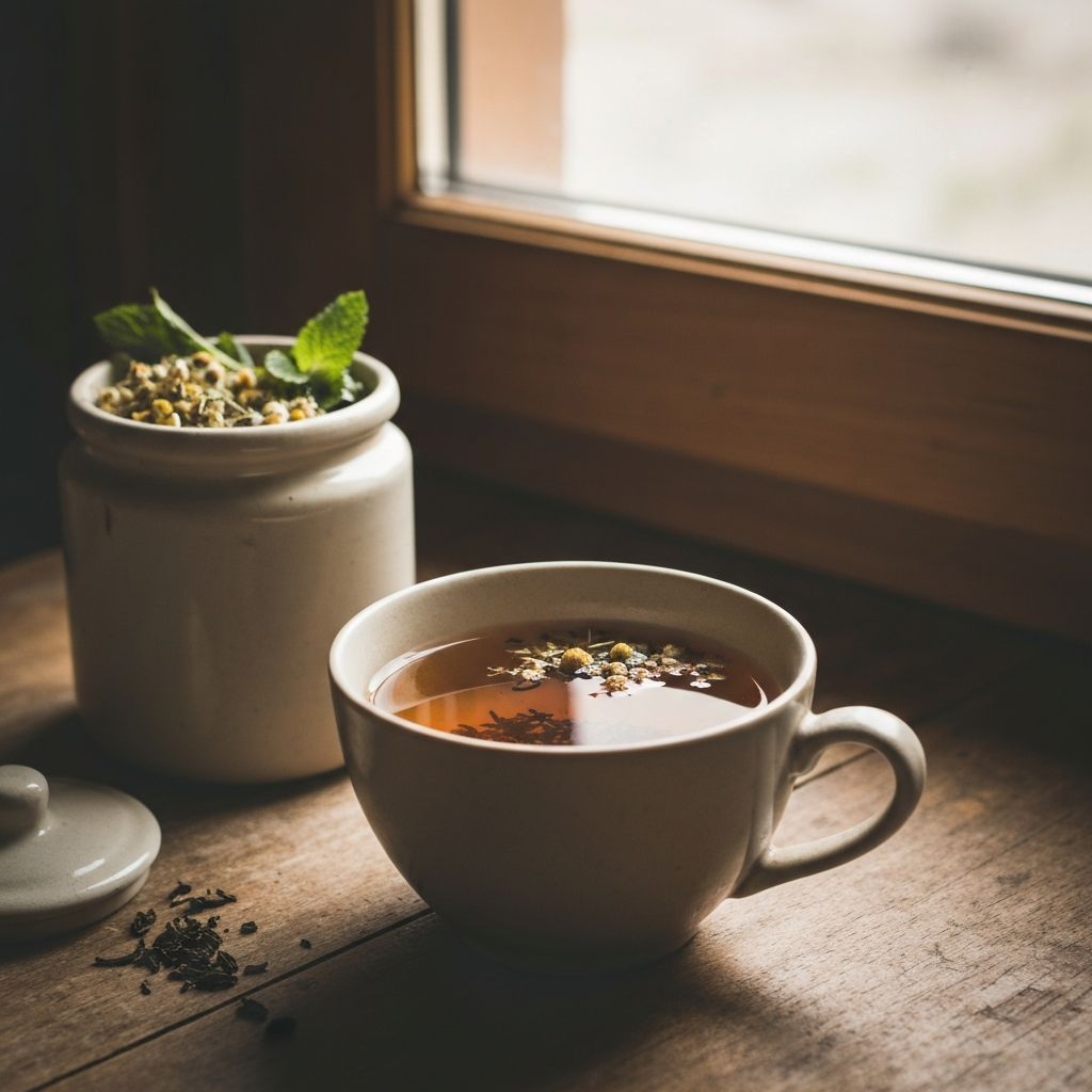 Tasse Tee mit Blättern auf Tisch