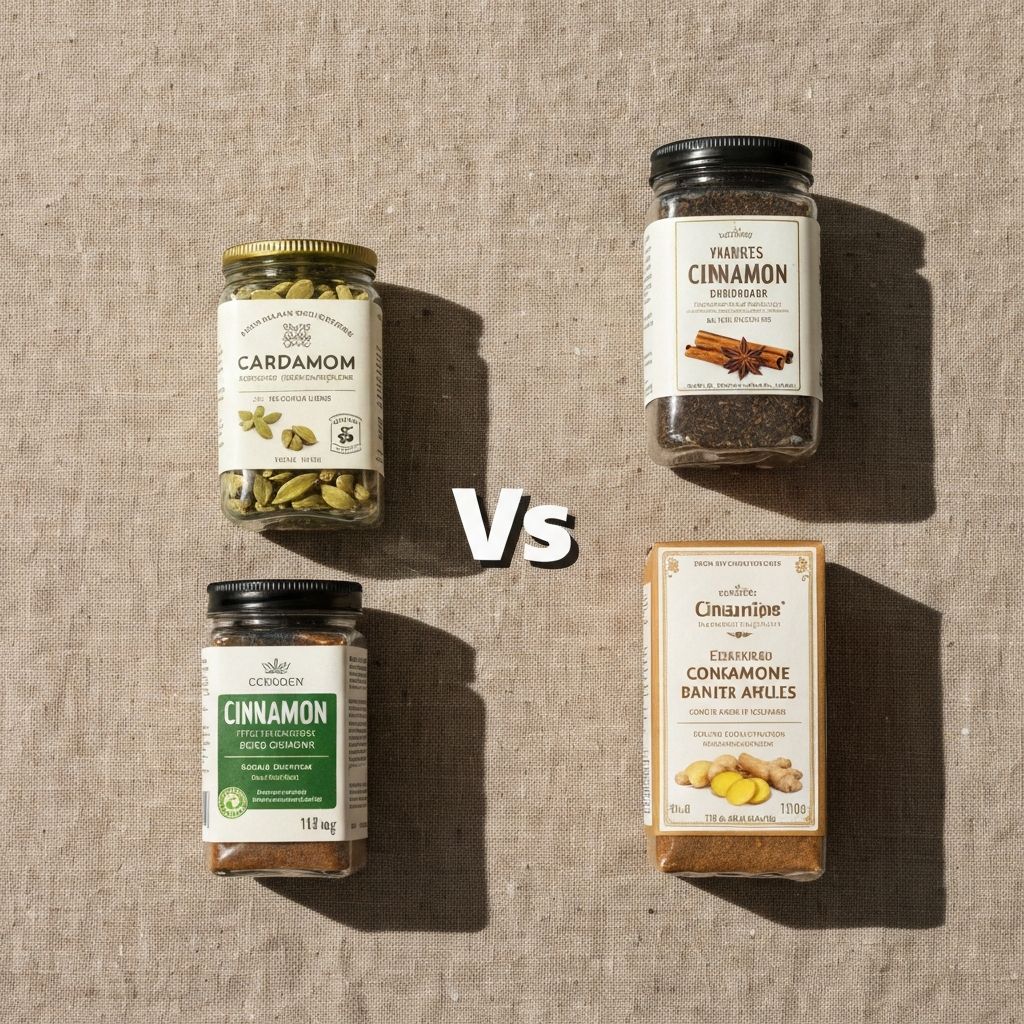 Nebeneinander liegende Etiketten verschiedener Gewürze